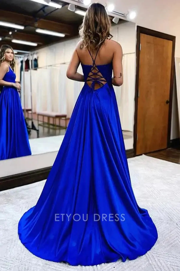 A-line V-neck Spaghetti Straps Satin formal dresses Bridesmaid Dresses evening gown Prom Dress With Slit