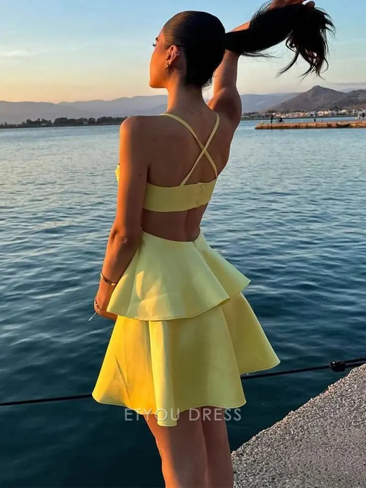 A Line Spaghetti Straps Satin Yellow Homecoming Dress Short formal dresses Bridesmaid Dresses evening gown Prom Dress