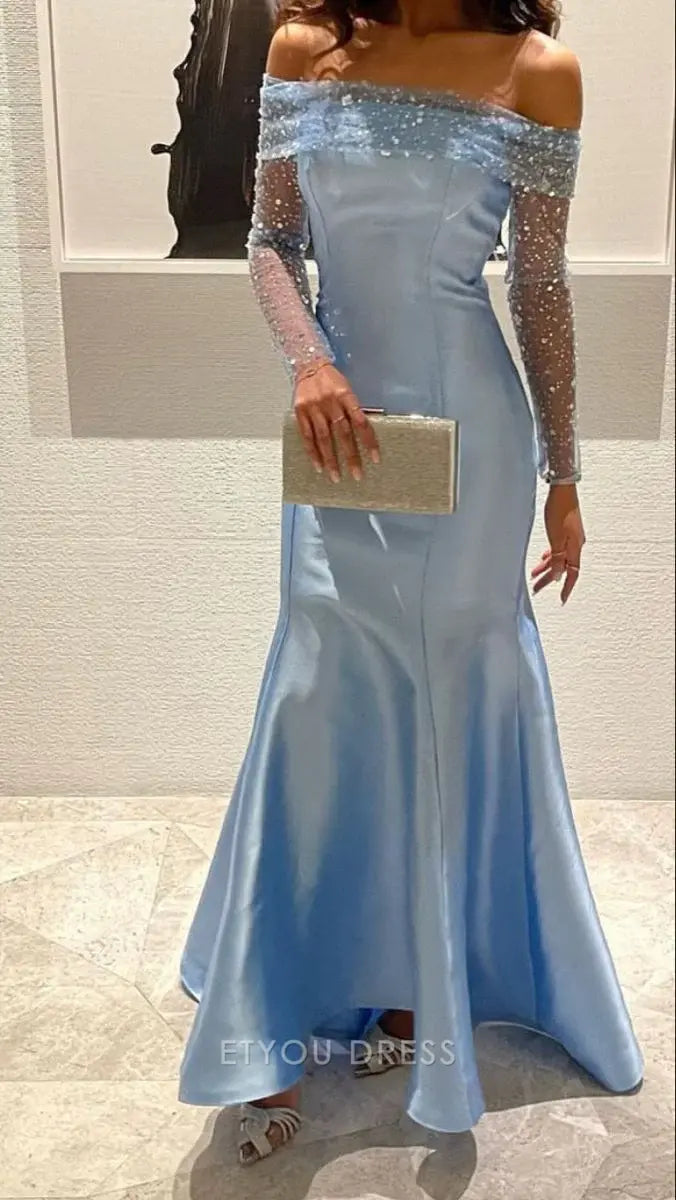 Mermaid Off The Shoulder Blue formal dresses Bridesmaid Dresses evening gown Prom Dress