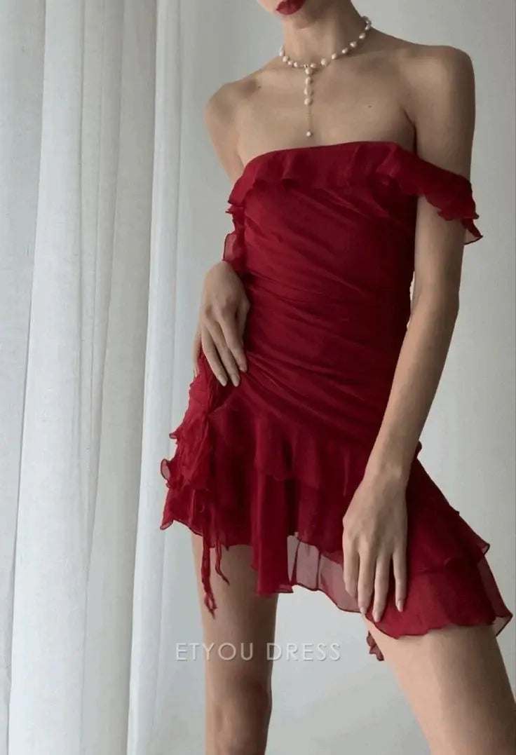 Sheath Off The Shoulder Red Ruffle Short formal dresses Bridesmaid Dresses evening gown Prom Dress Homecoming Dress