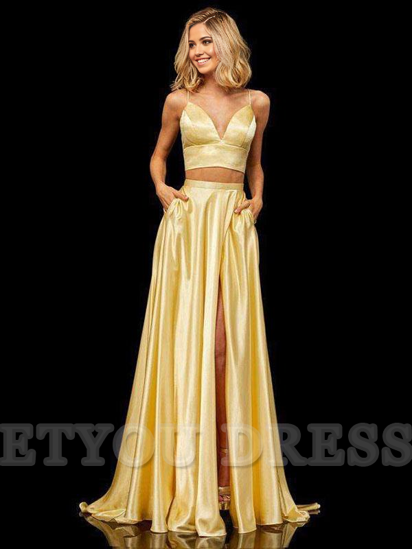 A-Line V-Neck Sleeveless Satin Split Front Long formal dresses Bridesmaid Dresses evening gown Prom Dress