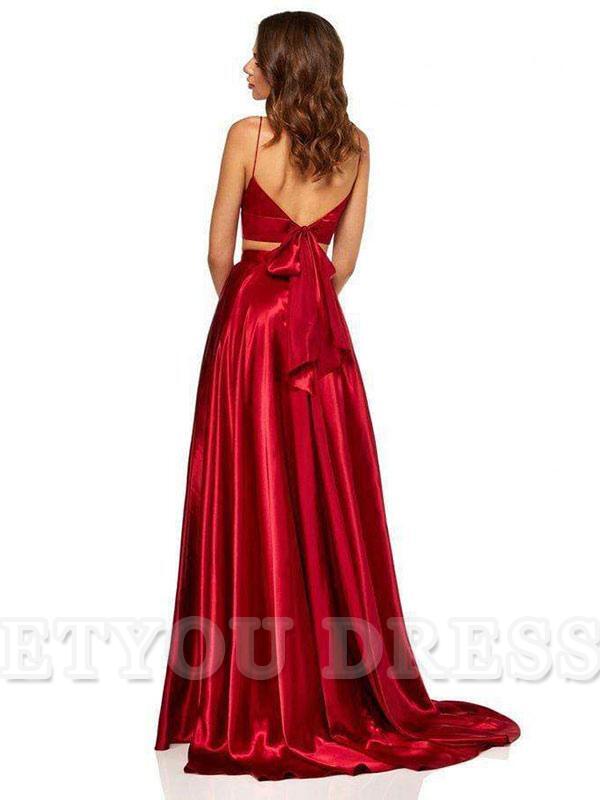 A-Line V-Neck Sleeveless Satin Split Front Long formal dresses Bridesmaid Dresses evening gown Prom Dress