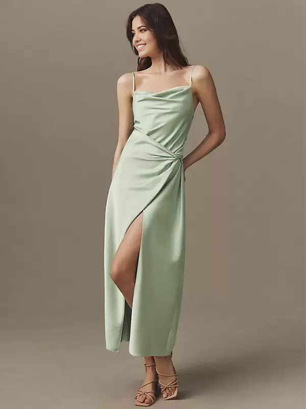 Sheath Spaghetti Straps Tea-Length Satin formal dresses Bridesmaid Dresses evening gown Prom Dress