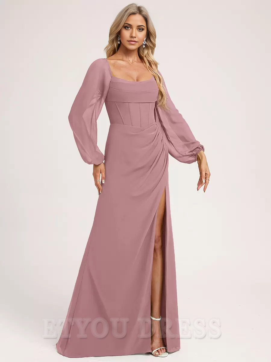 A-line Long Sleeve Chiffon Ball Gown Floor-Length formal dresses evening gown Prom Dress