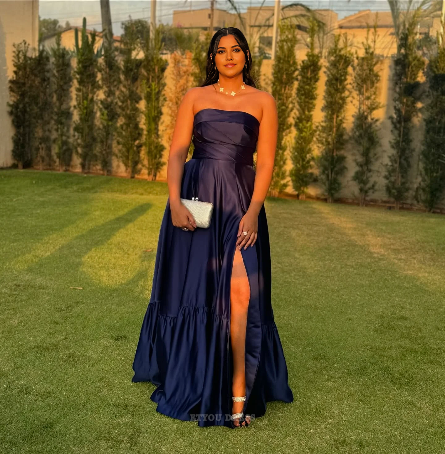 A Line Strapless Satin formal dresses Bridesmaid Dresses evening gown Prom Dress With Split