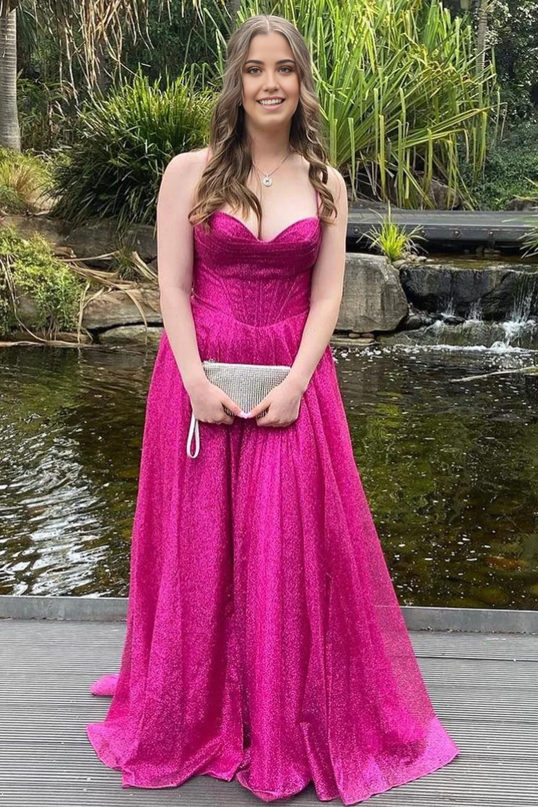 A-Line Cowl Neck Spaghetti Straps Lace-Up Glitter Long formal dresses evening gown Prom Dress