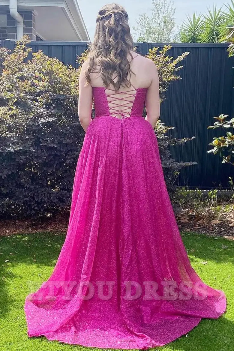 A-Line Cowl Neck Spaghetti Straps Lace-Up Glitter Long formal dresses evening gown Prom Dress