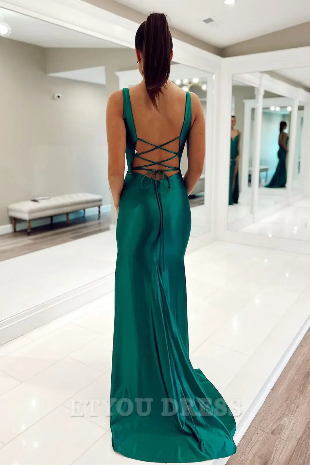 Mermaid Elegant Plunge V Lace-Up Teal Long formal dresses Bridesmaid Dresses evening gown Prom Dress