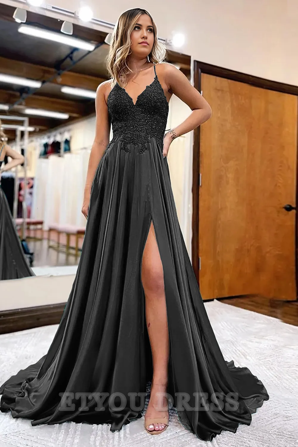 A-Line Appliques Satin Dark Green formal dresses evening gown Prom Dress Homecoming Dress with Slit