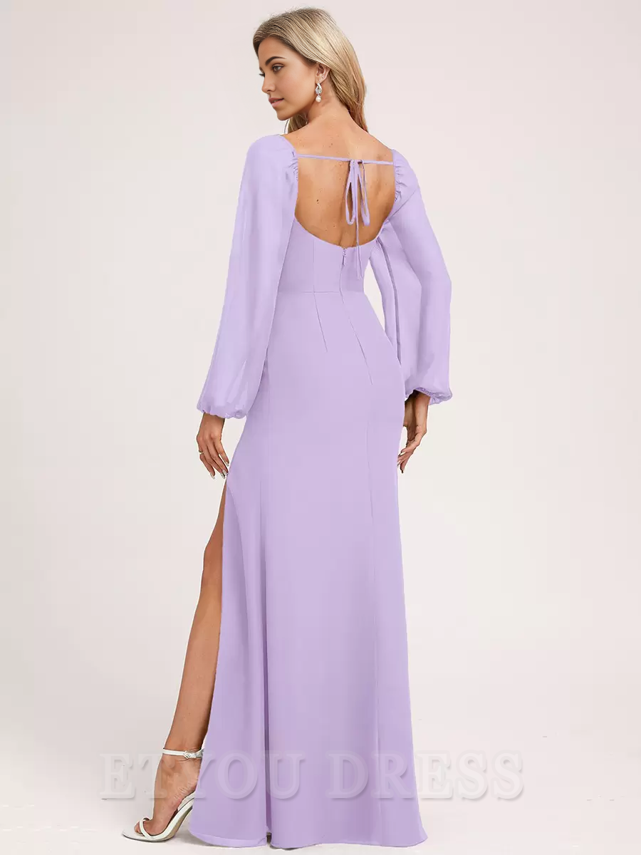 A-line Long Sleeve Chiffon Ball Gown Floor-Length formal dresses evening gown Prom Dress
