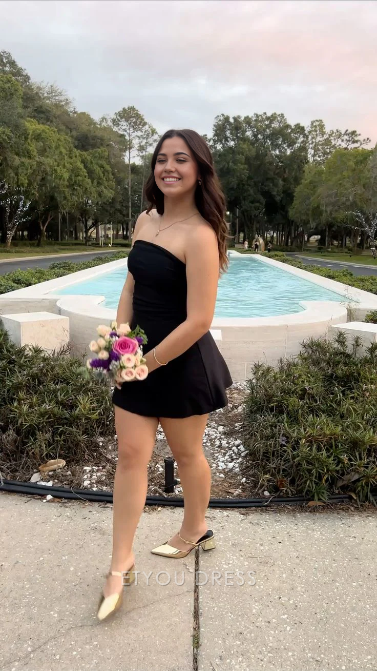 A Line Strapless black Short formal dresses Bridesmaid Dresses evening gown Prom Dress