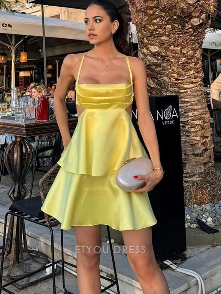 A Line Spaghetti Straps Satin Yellow Homecoming Dress Short formal dresses Bridesmaid Dresses evening gown Prom Dress