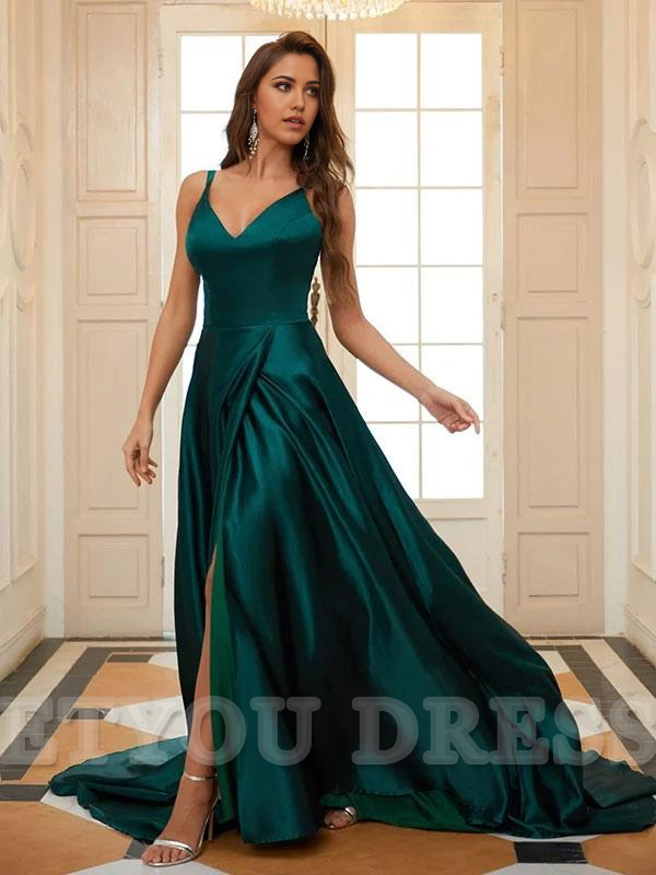 A-Line V-Neck Satin Floor-Length Split Front formal dresses Bridesmaid Dresses evening gown Prom Dress