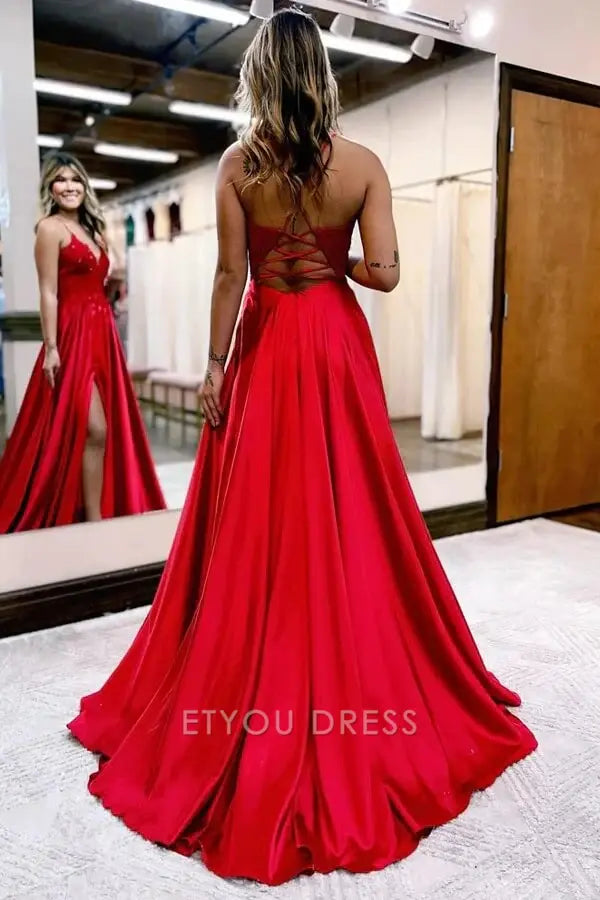 A-line V-neck Spaghetti Straps Satin formal dresses Bridesmaid Dresses evening gown Prom Dress With Slit