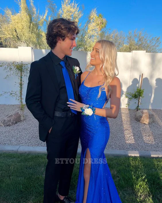 Mermaid Spaghetti Straps Backless Blue formal dresses Bridesmaid Dresses evening gown Prom Dress With Slit