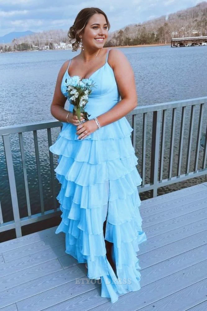 A Line Spaghetti Straps Ruffle Light Blue Long formal dresses Bridesmaid Dresses evening gown Prom Dress