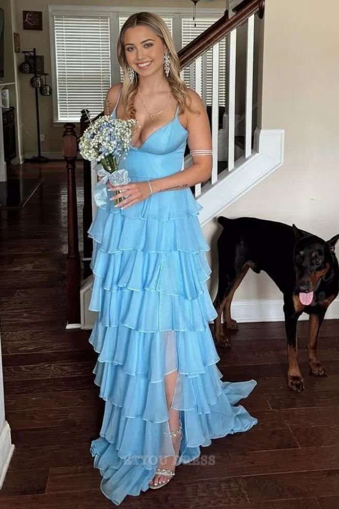 A Line Spaghetti Straps Ruffle Light Blue Long formal dresses Bridesmaid Dresses evening gown Prom Dress