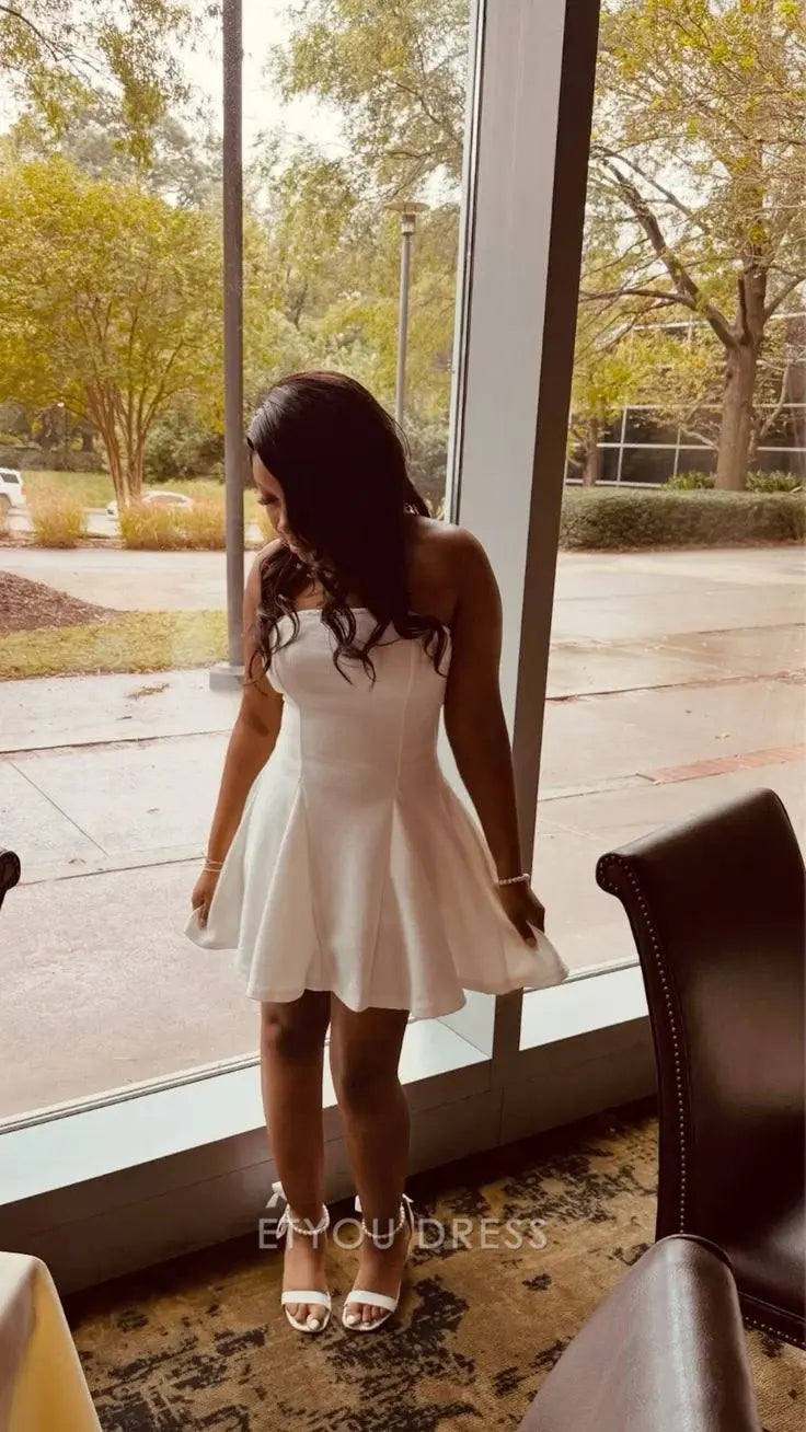 A Line Strapless White Short formal dresses Bridesmaid Dresses evening gown Prom Dress