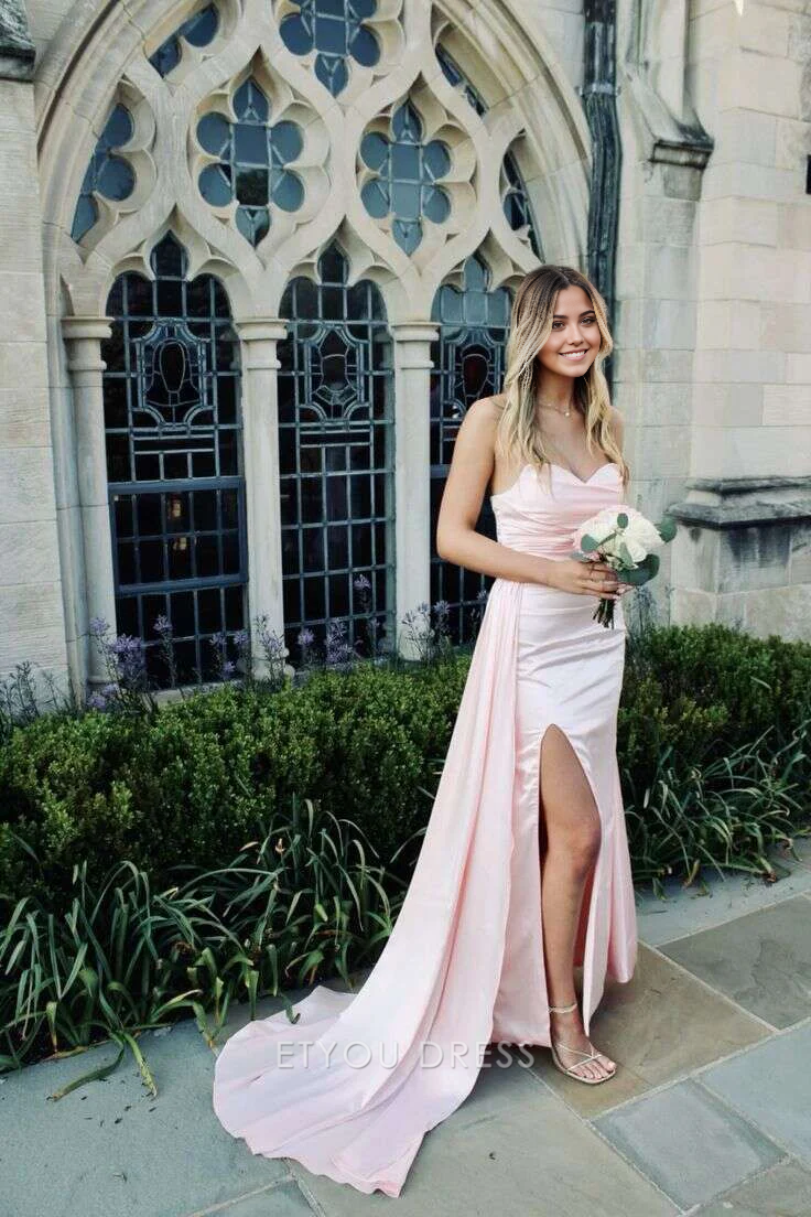 Mermaid Sweetheart Pink Long formal dresses Bridesmaid Dresses evening gown Prom Dress With Slit