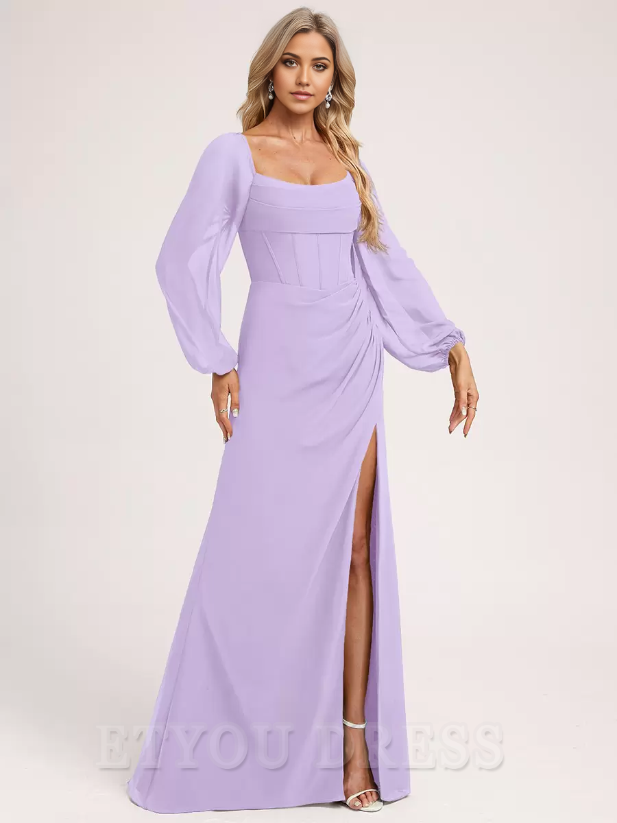 A-line Long Sleeve Chiffon Ball Gown Floor-Length formal dresses evening gown Prom Dress