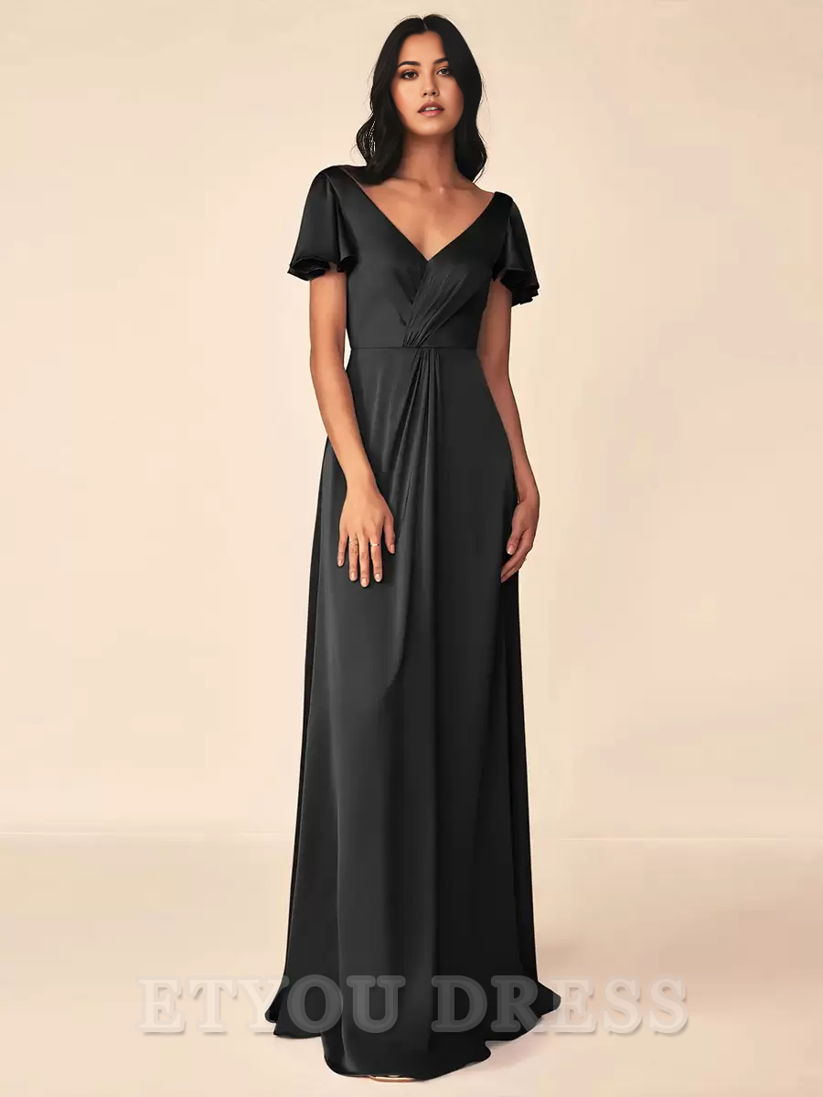 A-line V-Neck Floor-Length Zipper Satin Formal Gowns formal dresses Bridesmaid Dresses evening gown Prom Dress