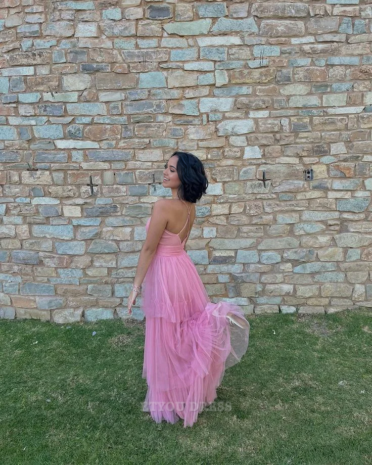 A-line Deep V Neck Tulle Pink formal dresses Bridesmaid Dresses evening gown Prom Dress