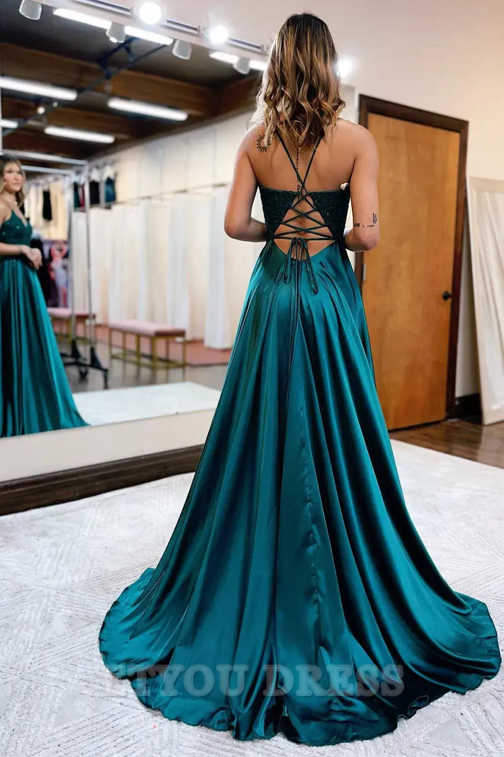 A-Line Appliques Satin Dark Green formal dresses evening gown Prom Dress Homecoming Dress with Slit