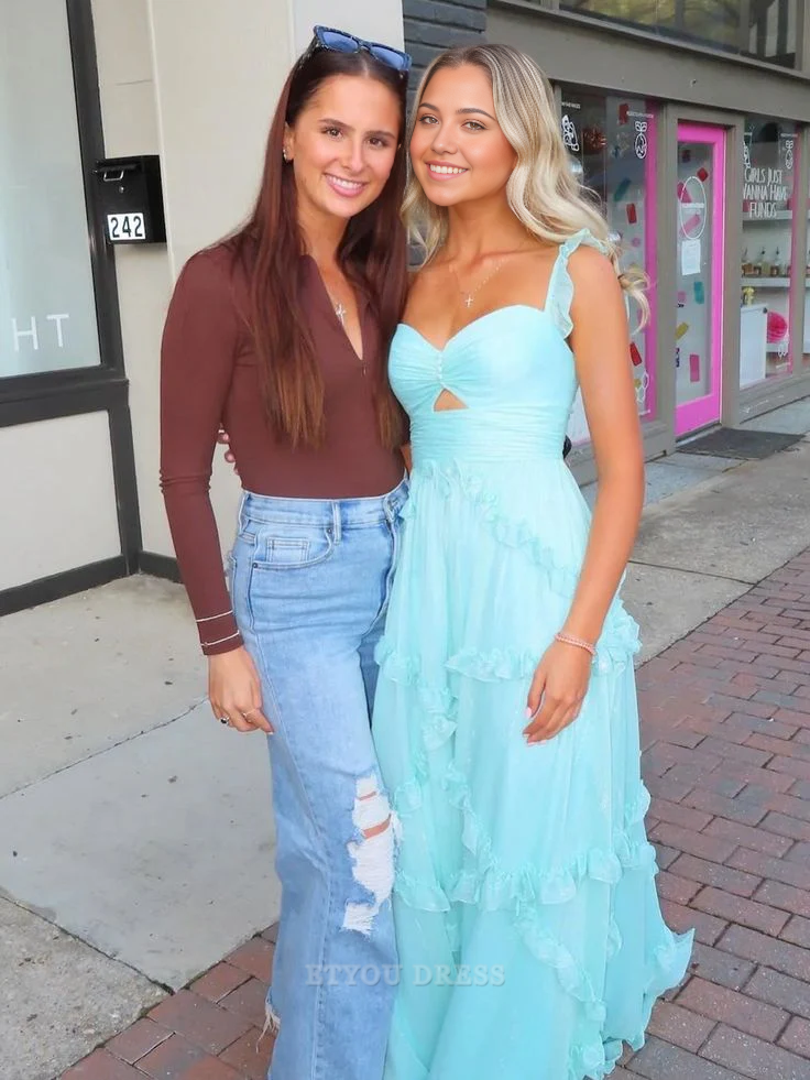 A Line Elegant Straps Sky Blue Chiffon Ruffles Long formal dresses Bridesmaid Dresses evening gown Prom Dress