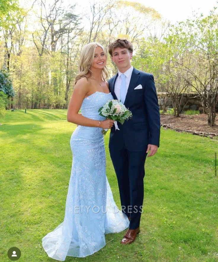 Mermaid Strapless Lace Sky Blue Long formal dresses Bridesmaid Dresses evening gown Prom Dress