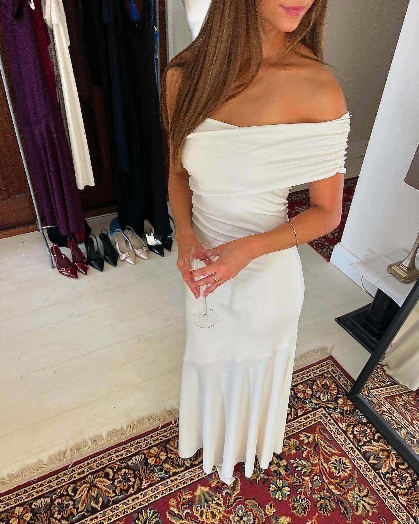Sheath Off Shoulder Ivory formal dresses Bridesmaid Dresses evening gown Prom Dress
