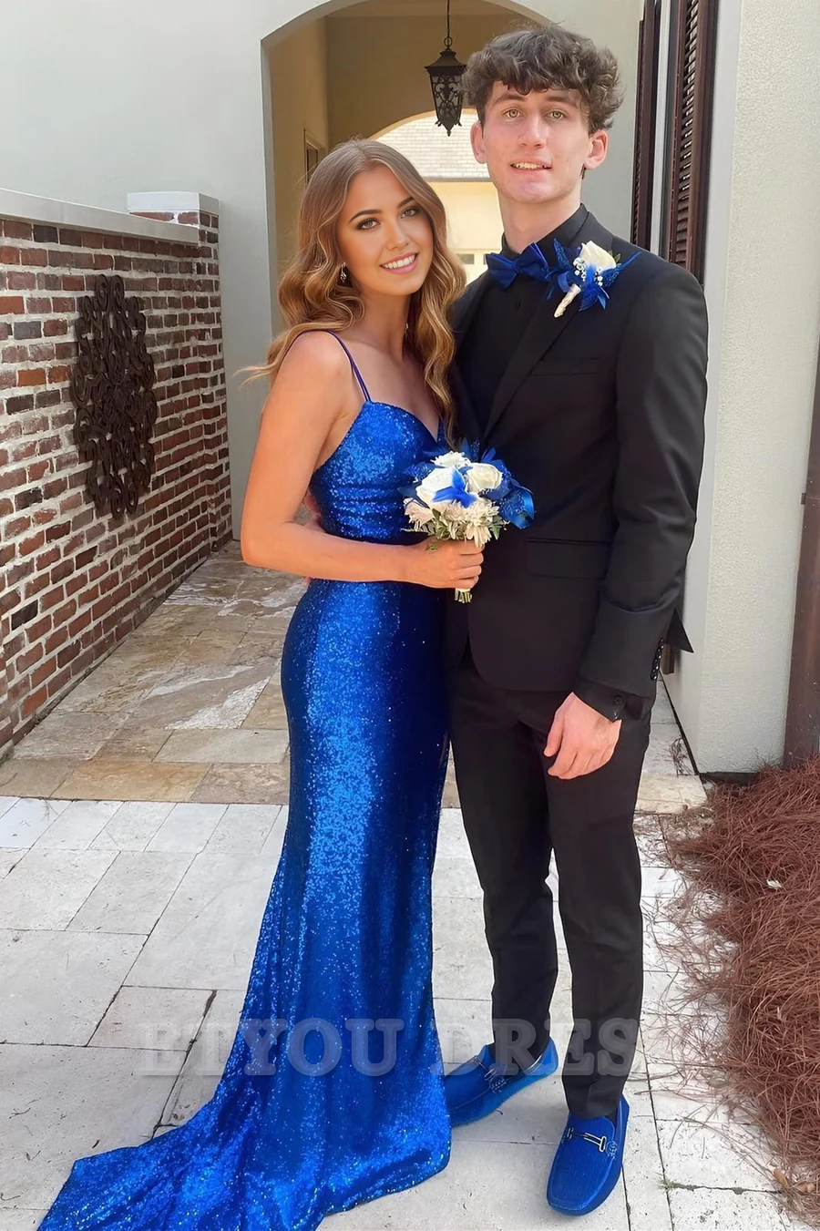 Mermaid Sequin Keyhole Straps Royal Blue Long formal dresses Bridesmaid Dresses evening gown Prom Dress with Slit
