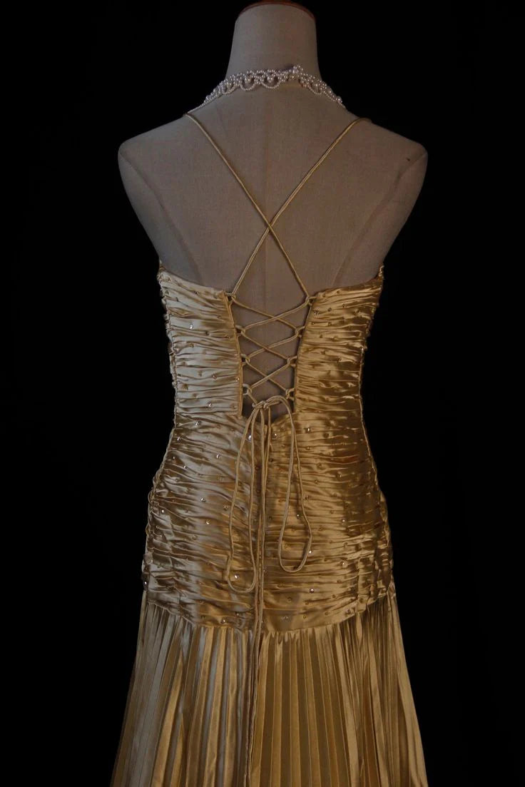 A Line V Neck Spaghetti Straps Satin Gold Pleated Long Evening formal dresses Bridesmaid Dresses evening gown Prom Dress