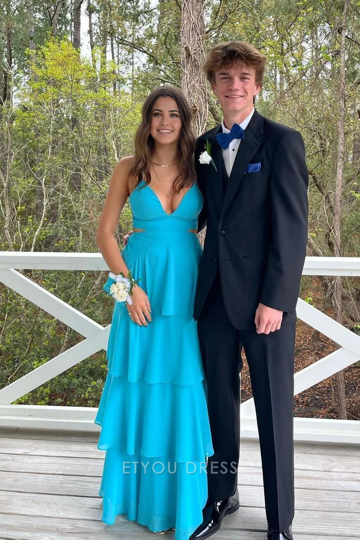 A Line V-Neck Tiered Long formal dresses Bridesmaid Dresses evening gown Prom Dress