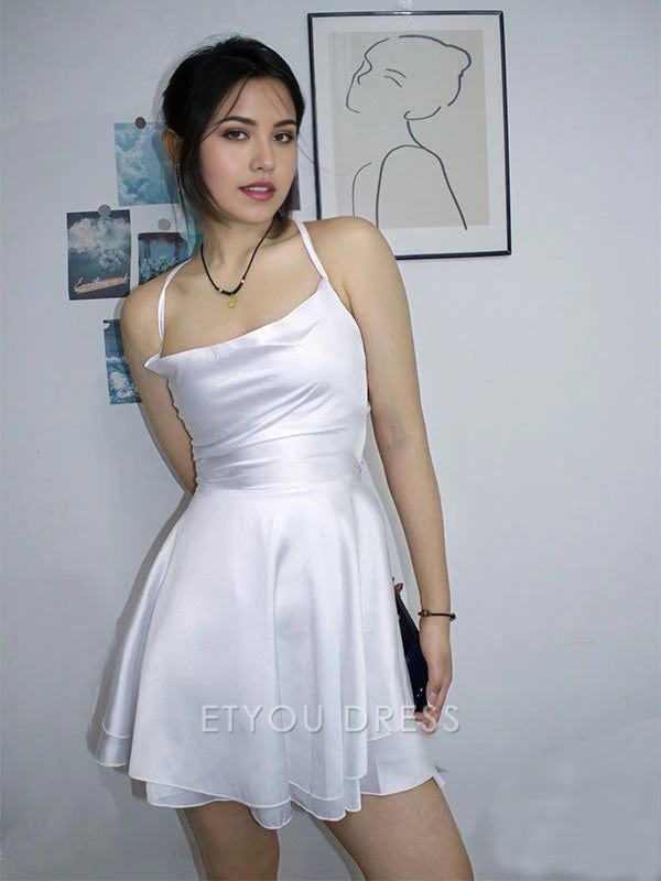 A Line Spaghetti Straps White Mini Short Homecoming Dresses formal dresses Bridesmaid Dresses evening gown Prom Dress