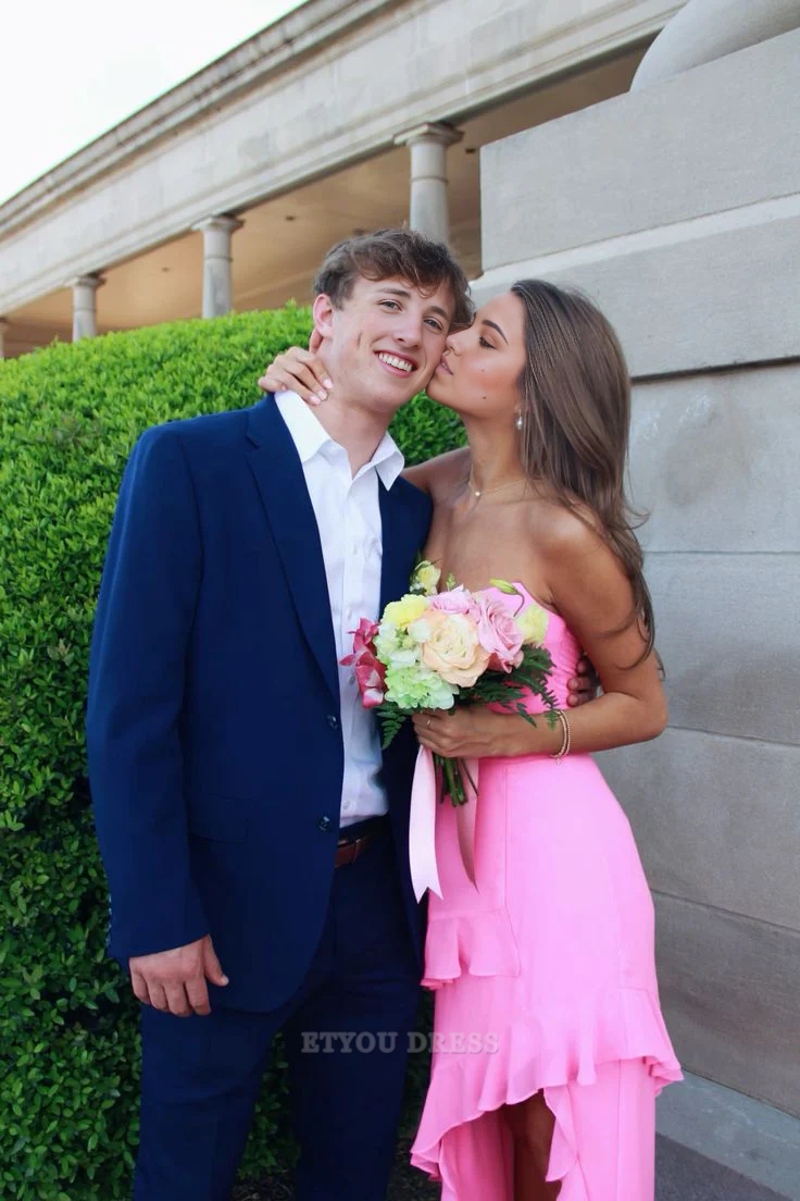 A-line Sleeveless Pink Ruffle formal dresses Bridesmaid Dresses evening gown Prom Dress With Split