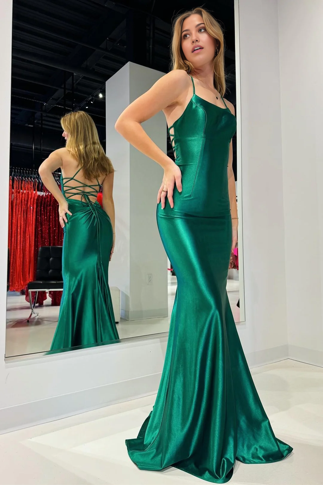 Mermaid Scoop Neck Backless Lace-Up Long Emerald formal dresses evening gown Prom Dress