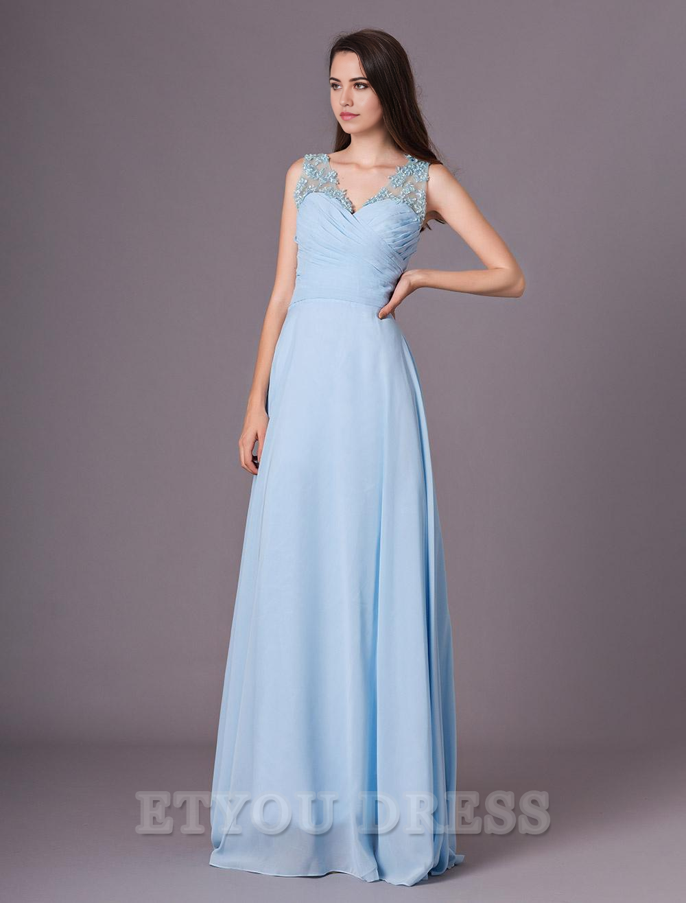 A-line V-Neck One Shoulder Floor-Length Chiffon formal dresses Bridesmaid Dresses evening gown Prom Dress With Flower