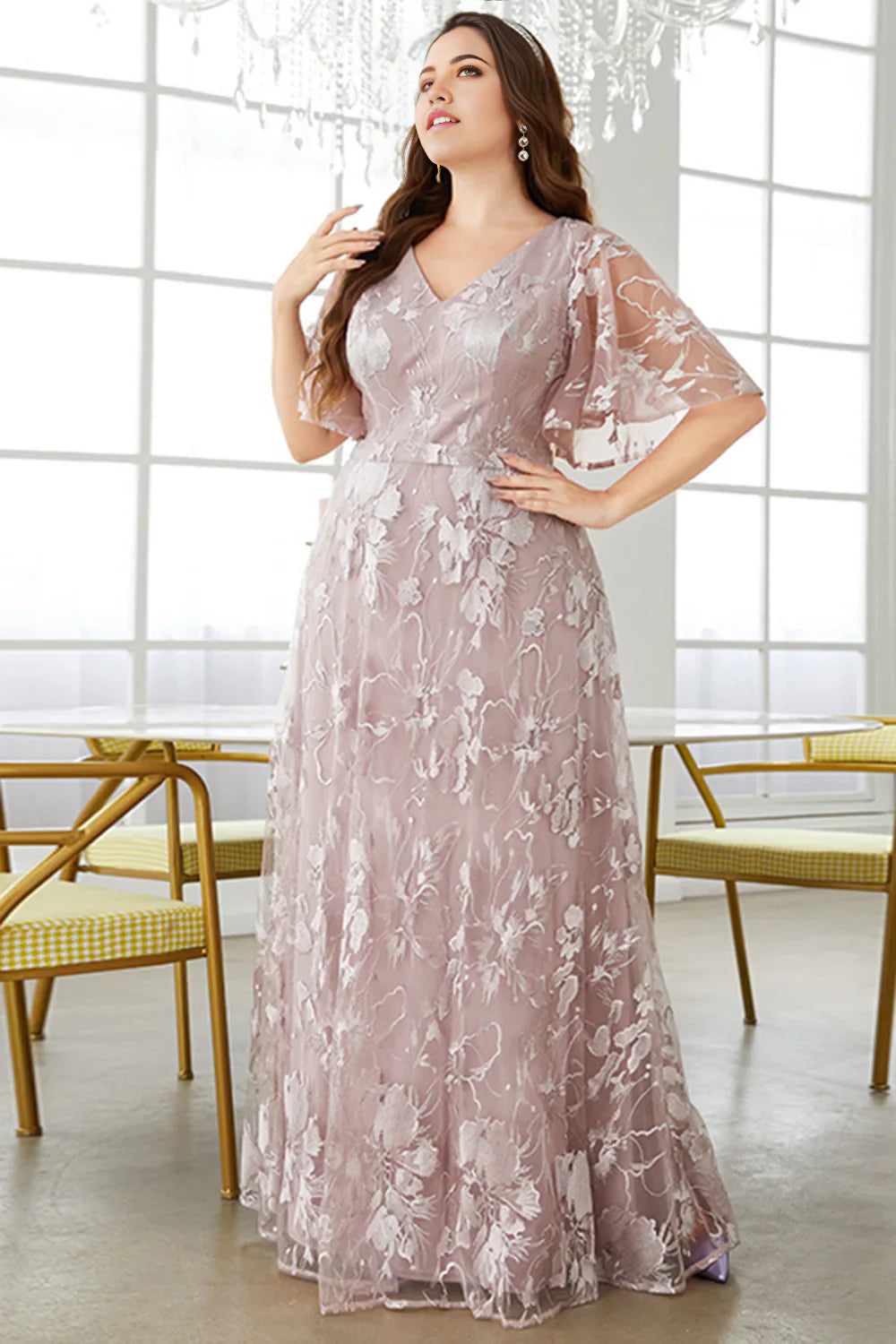 Plus Size A-Line V-Neck Embroidered Prom Dress