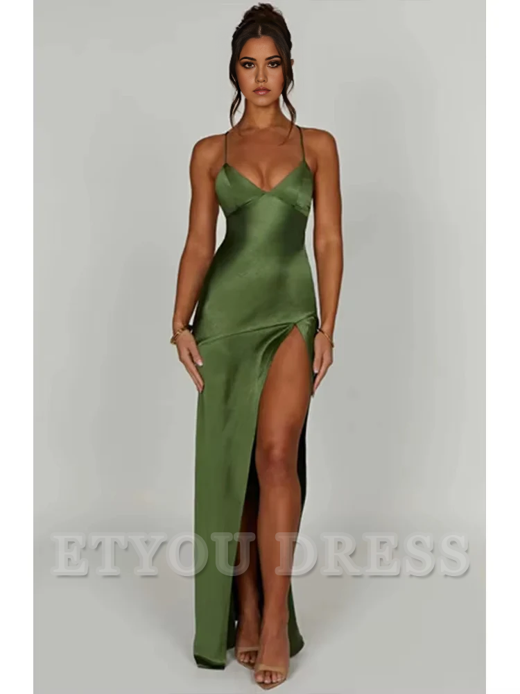 Elegant Spaghetti Strap Backless Lace-Up Split Satin formal dresses Bridesmaid Dresses evening gown Prom Dress