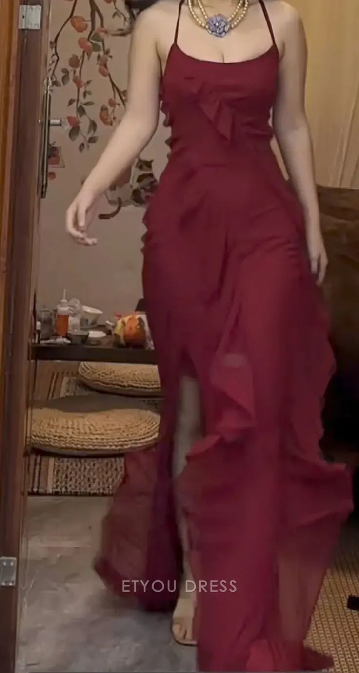 Sheath Ruffle Lace Up Back Burgundy formal dresses Bridesmaid Dresses evening gown Prom Dress
