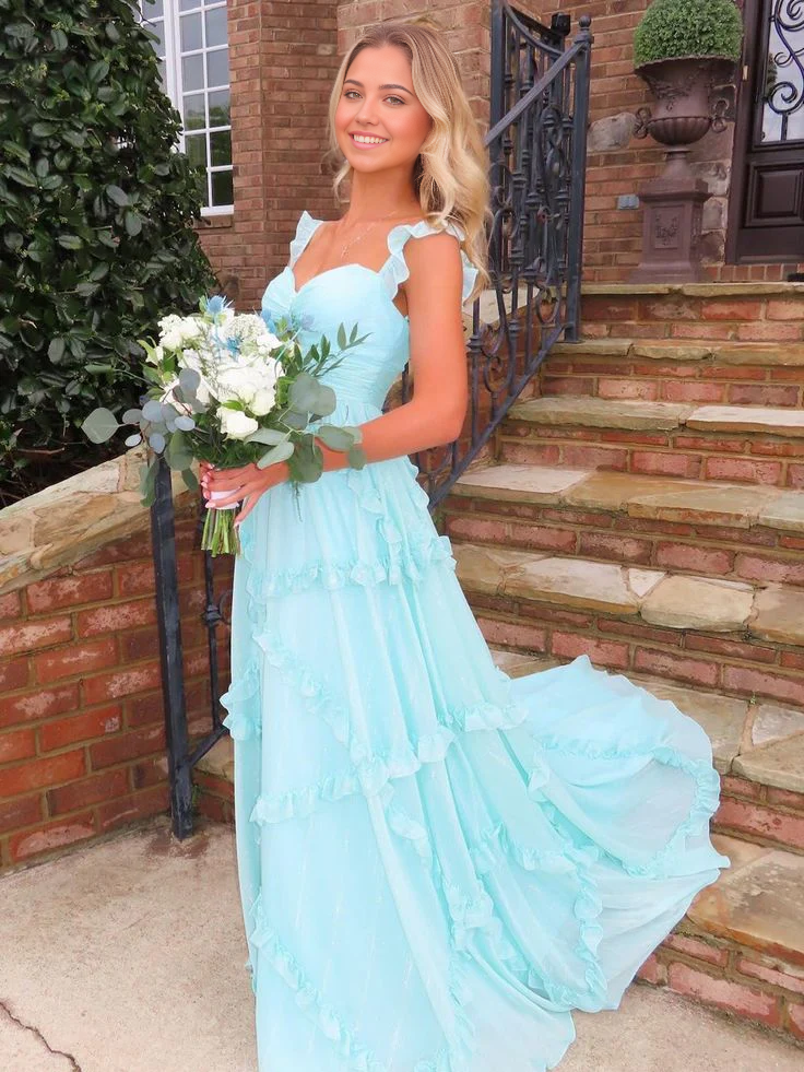 A Line Elegant Straps Sky Blue Chiffon Ruffles Long formal dresses Bridesmaid Dresses evening gown Prom Dress