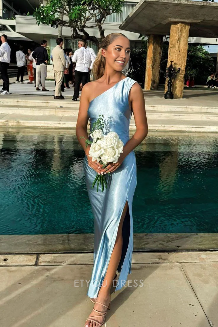 Sheath One Shoulder Satin Blue formal dresses Bridesmaid Dresses evening gown Prom Dress