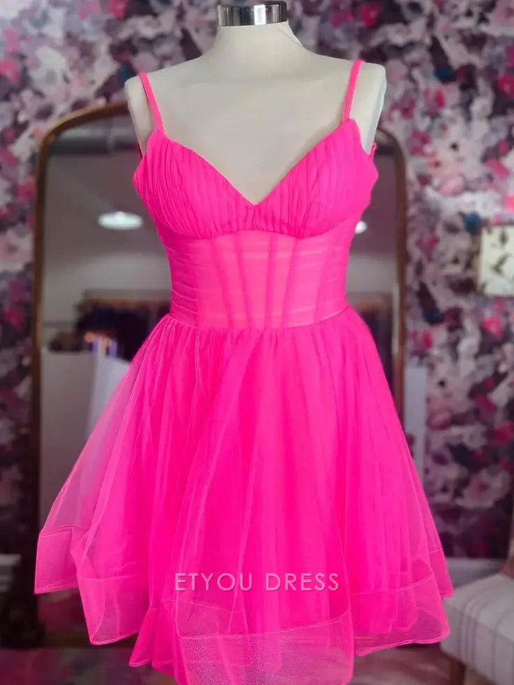 A-line V Neck Short Hot Pink Homecoming Dresses formal dresses Bridesmaid Dresses evening gown Prom Dress