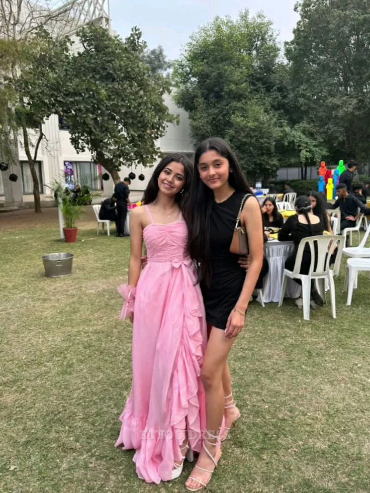 A Line Spaghetti Straps Ruffles Pink formal dresses Bridesmaid Dresses evening gown Prom Dress