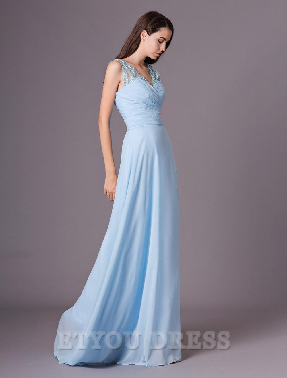 A-line V-Neck One Shoulder Floor-Length Chiffon formal dresses Bridesmaid Dresses evening gown Prom Dress With Flower