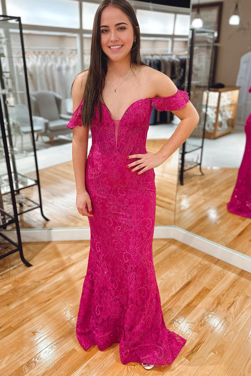 Mermaid Off the Shoulder Fuchsia Lace Prom Dresses Evening Dresses