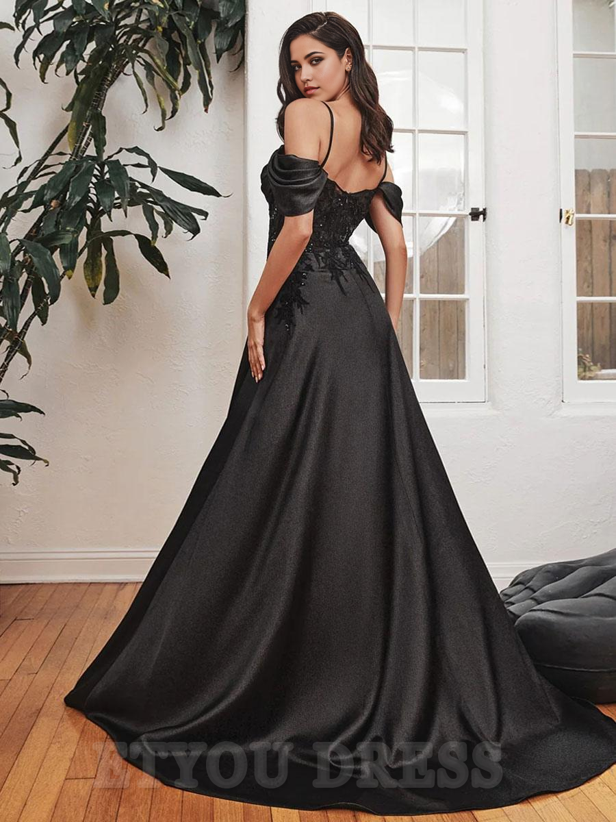 A-Line Square Neck Sleeveless Backless Split Front Satin formal dress evening gown Wedding Guest Dresses Prom Dress With Train