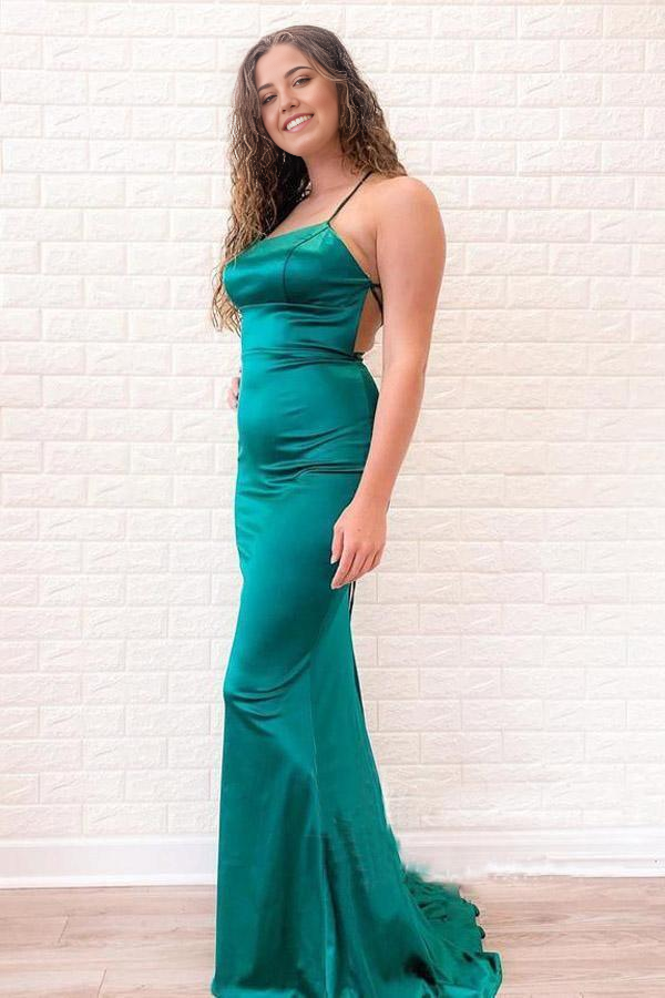Mermaid Spaghetti Straps Round Neckline Lace Up Back Long evening gown Prom Dress
