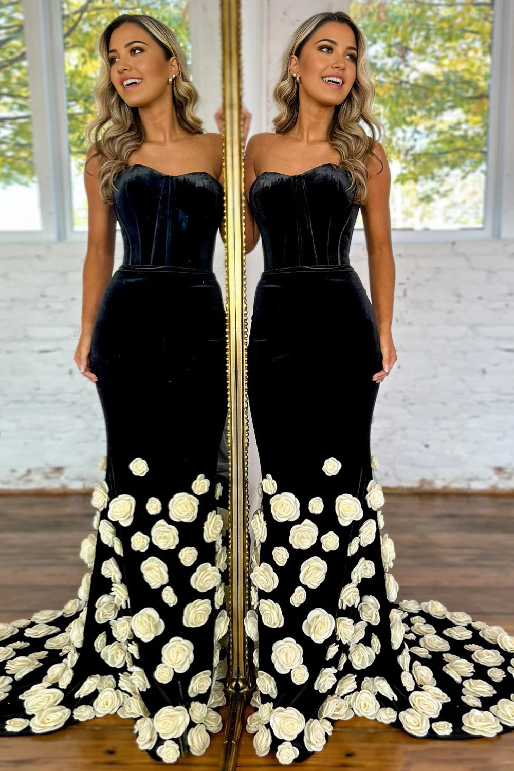 Mermaid Velvet Elegant Sweetheart Long Black formal dresses evening dress Prom Dress with 3D Flowers