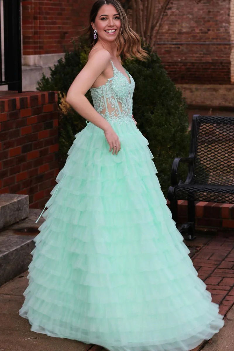 A Line Cute V Neck Mint Tulle Tiered Prom Dress